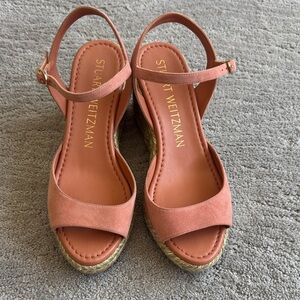 Stuart Weitzman Coral Suede Espadrille Wedge Sandals with Ankle Strap